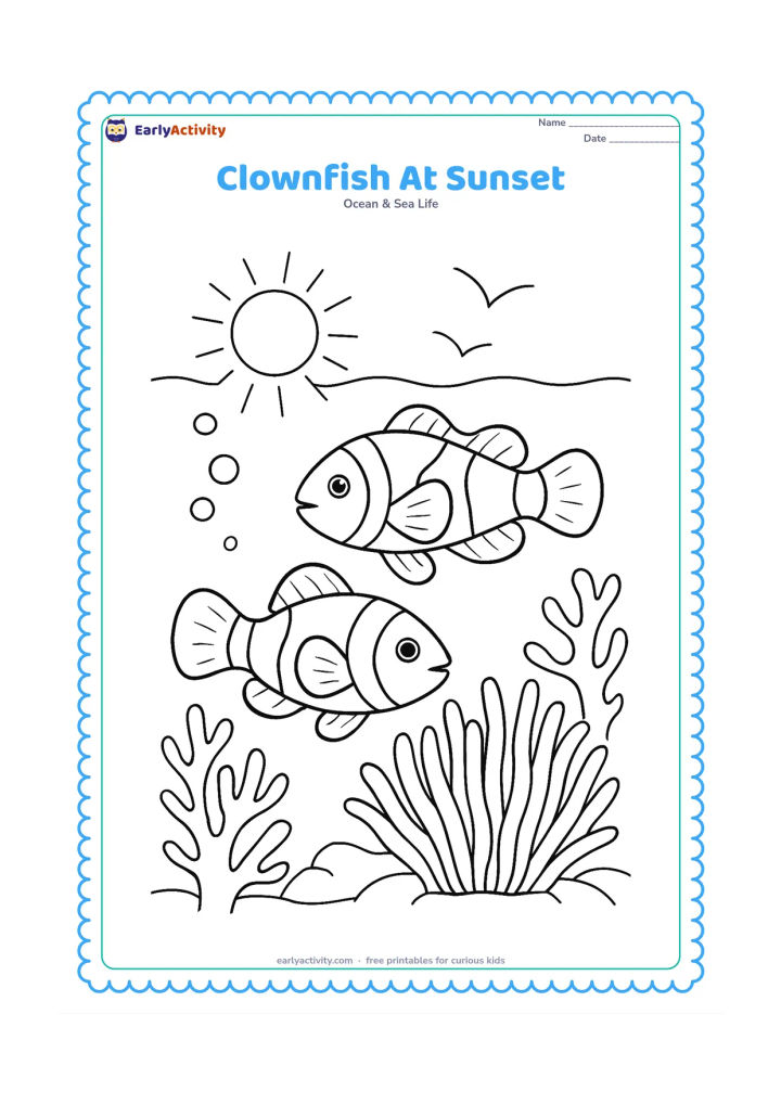 Colouring page: Place two clownfish swimming near an anemone while a low sun is visible through the ocean surface above. Add coral silhouettes, bubbles, and a few rays of light between the fish and the…