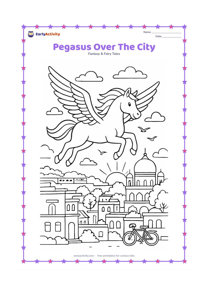 Colouring page: Show a pegasus flying above a lively Indian city at sunrise, with varied rooftops, balconies, a domed building, trees, bicycles and a distant train. Include clouds and birds, but no…