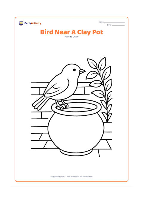 Worksheet: A small bird perches on the rim of a clay water pot in a courtyard, with a low wall, leafy plant and a few paving lines behind it. Show a rounded body, folded wing, pointed beak, layered…