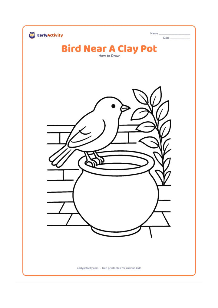 Worksheet: A small bird perches on the rim of a clay water pot in a courtyard, with a low wall, leafy plant and a few paving lines behind it. Show a rounded body, folded wing, pointed beak, layered…