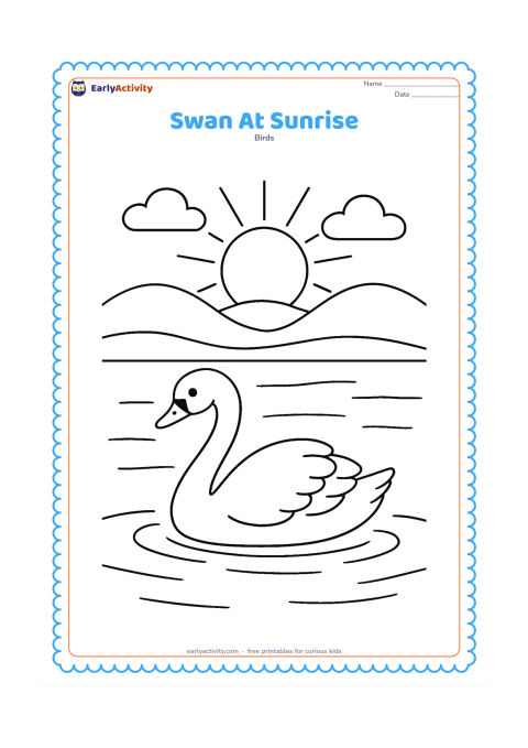 Colouring page: A swan glides across a lake at sunrise, with a large rising sun, low hills, a few clouds, and reflected light bands on the water. Place the swan in the lower middle of the composition.