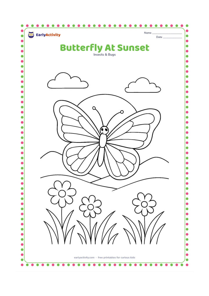 Colouring page: Draw a butterfly flying above flower silhouettes and curved grass, with a large setting sun behind distant hills and a few clouds. Show the butterfly in front of the sun with open wings.