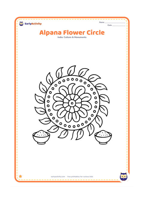 Colouring page: Create a Bengal-inspired circular alpana with a central flower, repeating curved leaves and a ring of dots on a plain floor. Add two small bowls of rice flour near the edge.