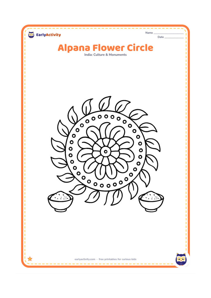 Colouring page: Create a Bengal-inspired circular alpana with a central flower, repeating curved leaves and a ring of dots on a plain floor. Add two small bowls of rice flour near the edge.