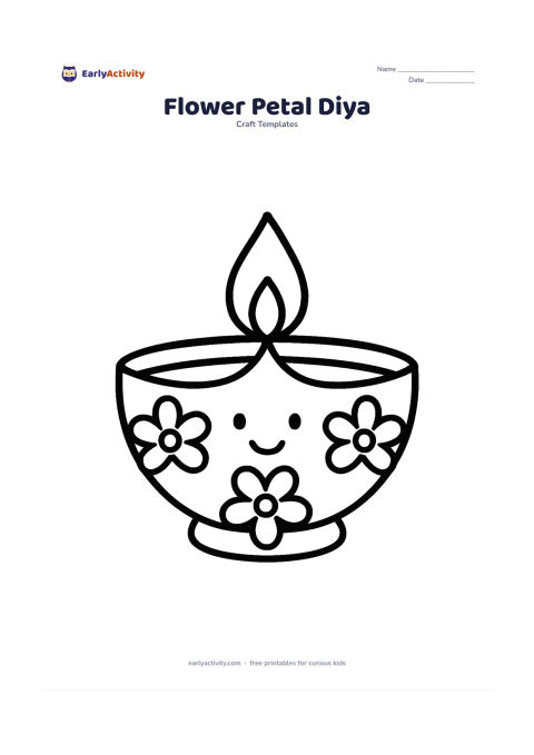Worksheet: A cheerful diya with three large five-petal flowers across its bowl and one simple flame above it.