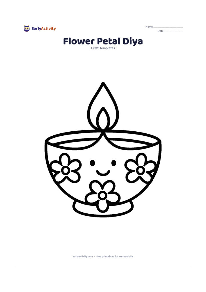 Worksheet: A cheerful diya with three large five-petal flowers across its bowl and one simple flame above it.