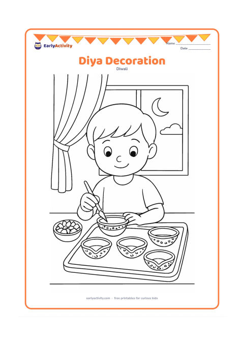 Colouring page: A child decorates several plain clay diyas with large dots and curved borders on a low table. Show a tray, a small bowl of flowers and a window with evening light behind the child.