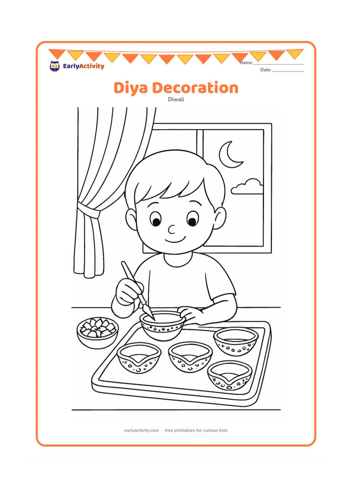Colouring page: A child decorates several plain clay diyas with large dots and curved borders on a low table. Show a tray, a small bowl of flowers and a window with evening light behind the child.