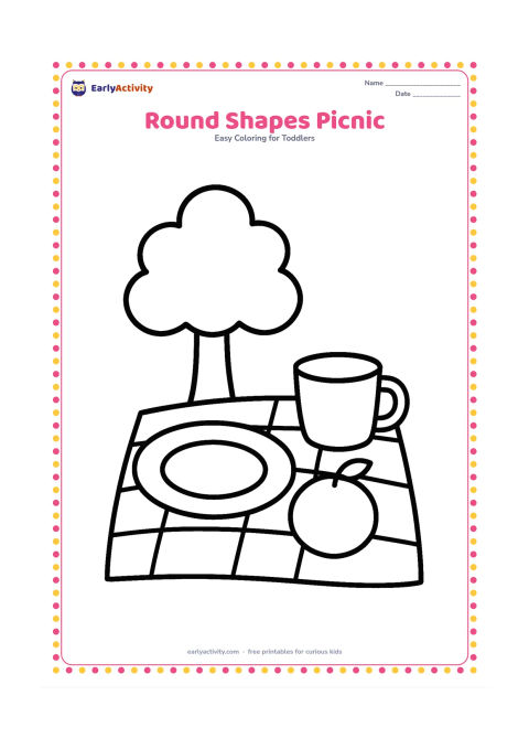 Colouring page: Draw a round plate, a round orange and a round cup on a picnic cloth, with one simple tree shape behind them.