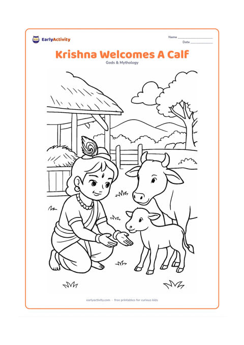 Colouring page: Draw Krishna kneeling to welcome a small calf arriving beside a larger cow. Set the scene near a village cowshed with hay, a wooden gate, trees, and distant hills.