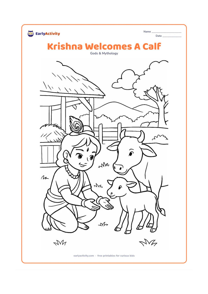 Colouring page: Draw Krishna kneeling to welcome a small calf arriving beside a larger cow. Set the scene near a village cowshed with hay, a wooden gate, trees, and distant hills.