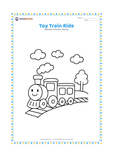 Colouring page: Draw a cheerful toy train with a round engine, two carriages, large wheels, and a simple track. Add a few clouds and a small tree beside the track, with no signs or markings.