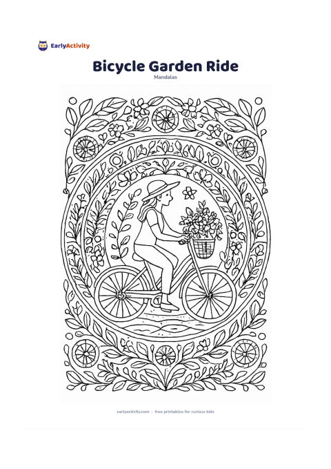 Colouring page: Create a circular mandala centred on an adult riding a bicycle along a garden path, with a basket of flowers on the front. Surround the rider with repeating wheels, leaves, small…