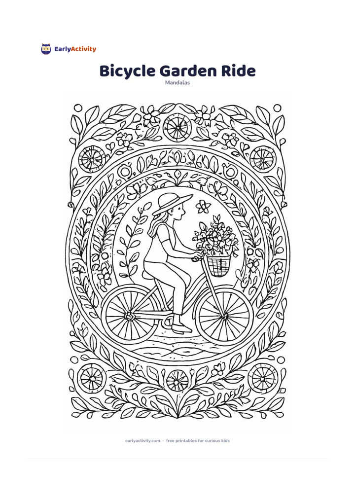 Colouring page: Create a circular mandala centred on an adult riding a bicycle along a garden path, with a basket of flowers on the front. Surround the rider with repeating wheels, leaves, small…