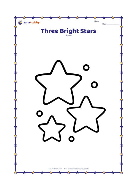 Colouring page: Three large five-pointed stars of different sizes arranged across a simple night sky, with a few large circular sparkles between them. No extra scenery is needed.