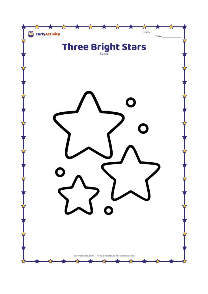 Colouring page: Three large five-pointed stars of different sizes arranged across a simple night sky, with a few large circular sparkles between them. No extra scenery is needed.