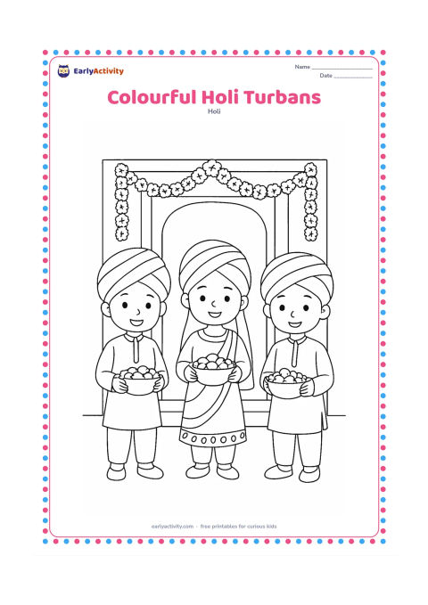 Colouring page: Three children in simple Indian festival clothes wear plain turbans with broad curved folds and hold gulal bowls. Place them in front of a decorated home entrance with flower garlands.