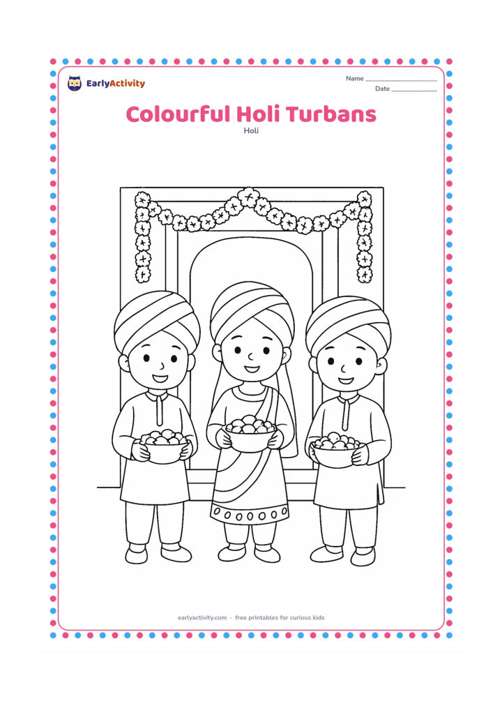 Colouring page: Three children in simple Indian festival clothes wear plain turbans with broad curved folds and hold gulal bowls. Place them in front of a decorated home entrance with flower garlands.
