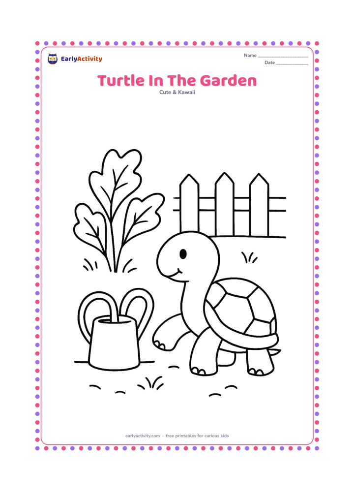 Colouring page: A friendly turtle walks through a vegetable garden, with its head raised and one front foot lifted. Include two large leafy plants, a watering can and a simple garden fence.