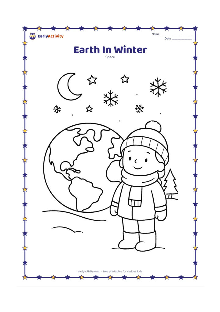 Colouring page: A bundled child stands beside a large Earth with snowy-looking cloud shapes, a few snowflakes and a simple evergreen tree. Show the Moon and stars in a cold evening sky.
