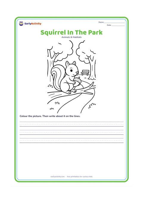 Worksheet: Draw a squirrel holding a nut on a low tree branch in an Indian neighbourhood park, with a curved path, two broad trees and a distant park bench. Show the bushy tail prominently.