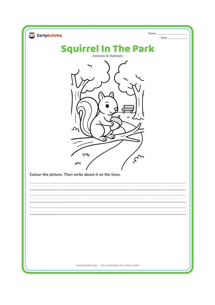 Worksheet: Draw a squirrel holding a nut on a low tree branch in an Indian neighbourhood park, with a curved path, two broad trees and a distant park bench. Show the bushy tail prominently.