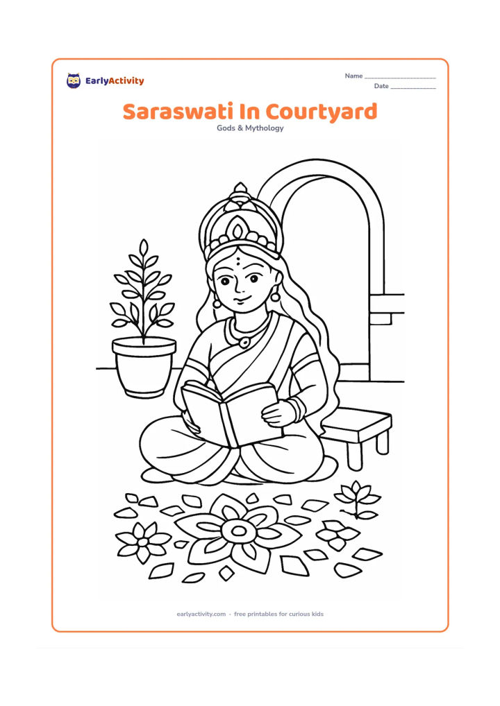 Colouring page: Saraswati sits in an Indian home courtyard beside a rangoli made only of geometric and floral shapes, holding a blank book. Include a tulsi planter, a low stool, and an arched doorway…