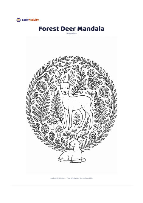 Colouring page: Create a circular woodland mandala with a gentle deer standing at the centre, surrounded by ferns, mushrooms, tree rings, pinecones and layered branches. Add a second deer resting in an…