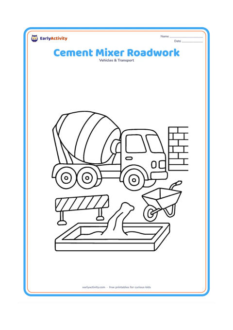 Colouring page: A cement mixer truck pours concrete into a low foundation beside a roadwork barrier, a wheelbarrow and a half-built wall. Show the rotating drum, chute and work area in a clear side view.