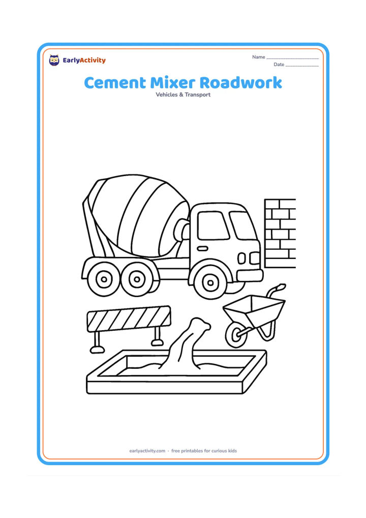 Colouring page: A cement mixer truck pours concrete into a low foundation beside a roadwork barrier, a wheelbarrow and a half-built wall. Show the rotating drum, chute and work area in a clear side view.