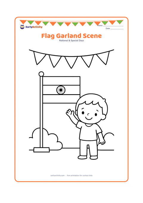 Colouring page: Draw a simple row of small triangular tricolour bunting across the top, with one large Indian flag on a stand below and two rounded bushes at the sides. Include a smiling child waving…