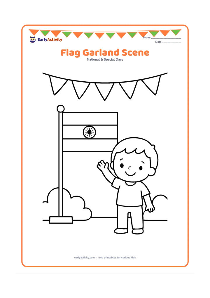 Colouring page: Draw a simple row of small triangular tricolour bunting across the top, with one large Indian flag on a stand below and two rounded bushes at the sides. Include a smiling child waving…
