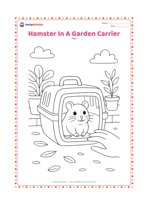 Colouring page: A hamster sits safely inside a ventilated pet carrier placed in a garden courtyard, with potted plants, a low wall and a few fallen leaves around it. Show an adult-sized hand resting…