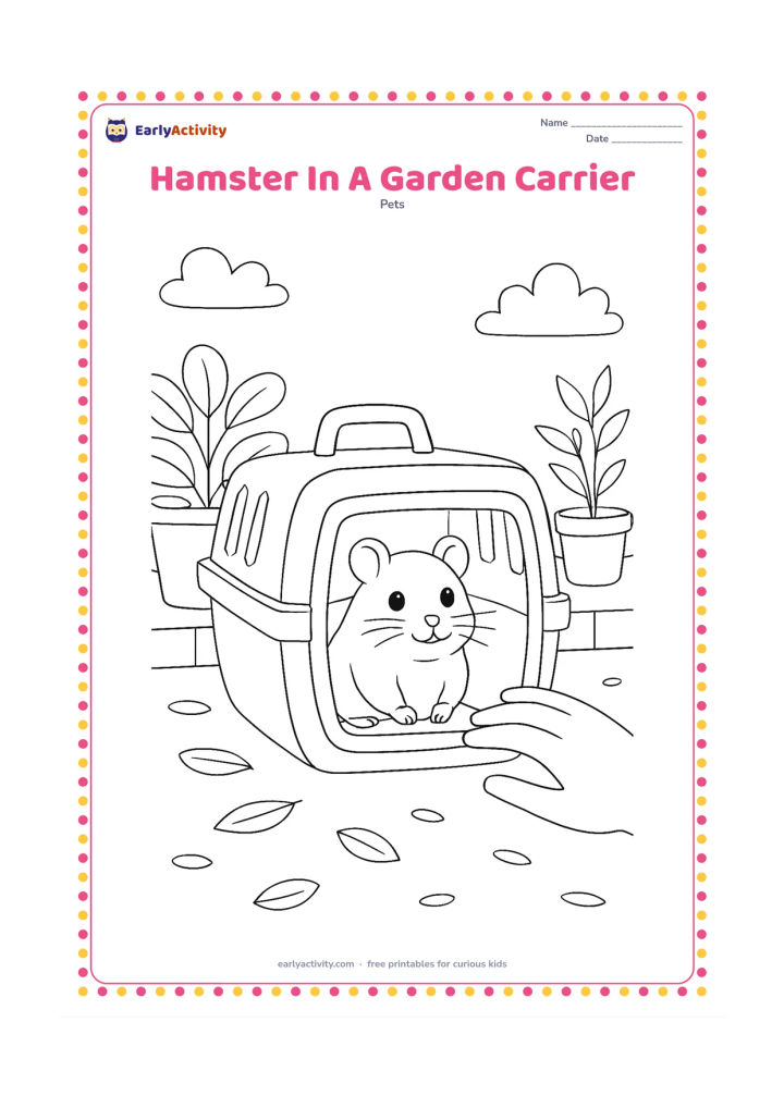 Colouring page: A hamster sits safely inside a ventilated pet carrier placed in a garden courtyard, with potted plants, a low wall and a few fallen leaves around it. Show an adult-sized hand resting…