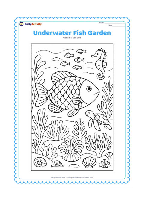 Colouring page: Draw a large fish moving through an elaborate underwater garden of coral, sea grass, shells and anemones, accompanied by a seahorse, a turtle and a small school of fish. Give the main…