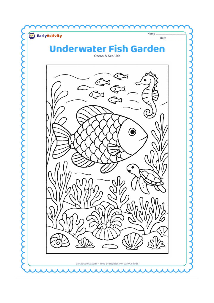 Colouring page: Draw a large fish moving through an elaborate underwater garden of coral, sea grass, shells and anemones, accompanied by a seahorse, a turtle and a small school of fish. Give the main…