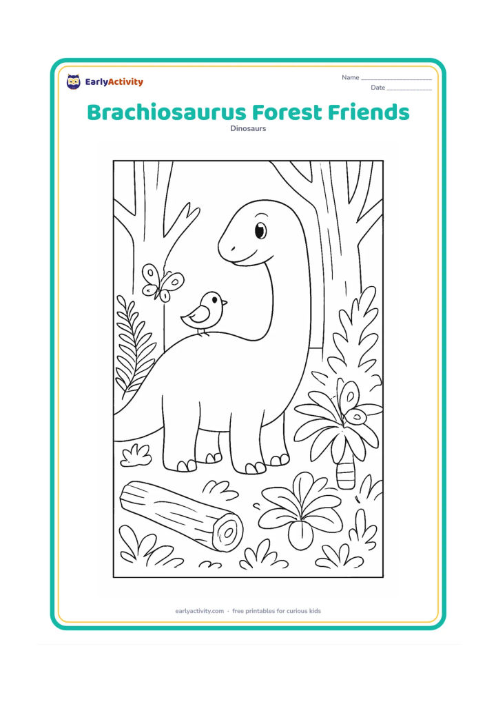 Colouring page: A brachiosaurus stands peacefully with a small bird perched on its back and two butterflies near its flowers. Set the scene among ferns, cycads, tree trunks, a fallen log and scattered…