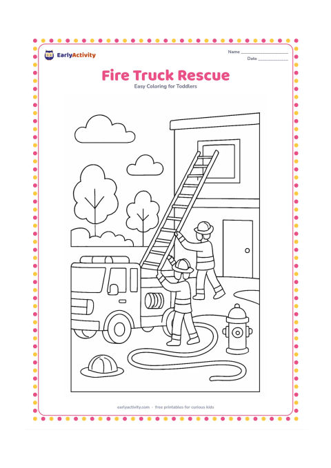 Colouring page: Draw a fire truck parked beside a low building while firefighters raise a long ladder toward an open window. Include a hose, hydrant, helmet and a few trees, with no badges, labels or…