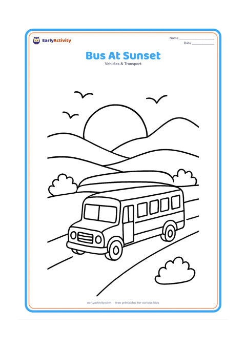 Colouring page: Draw a school bus returning along a gently curving road at sunset, with layered hills, a large setting sun, birds in the sky, and a few roadside shrubs. Show the bus in three-quarter…