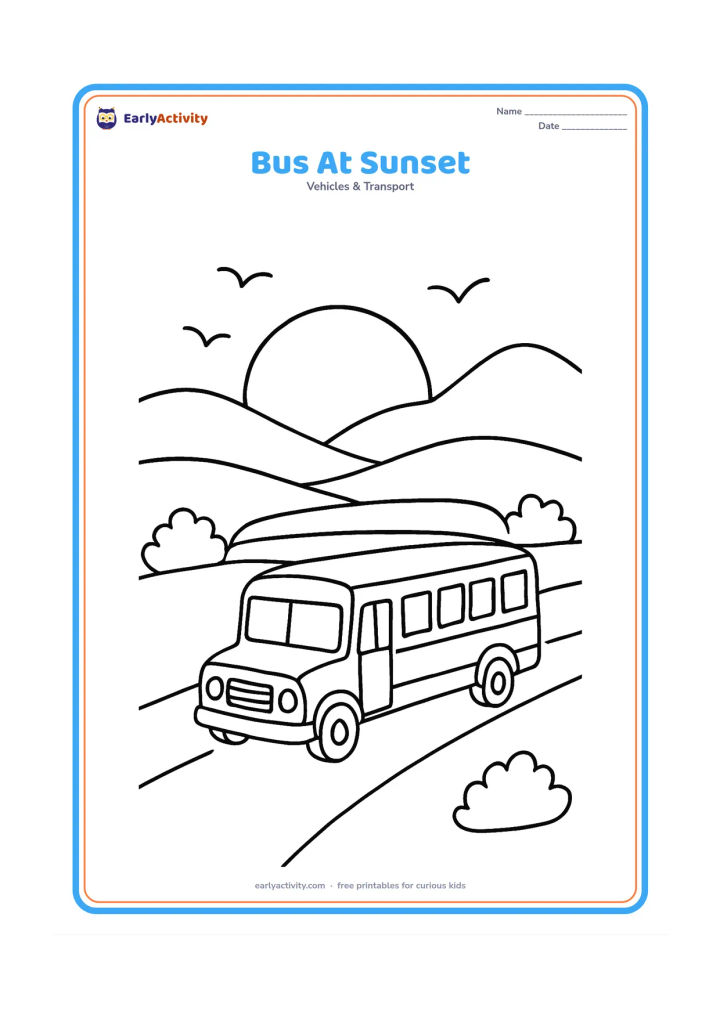 Colouring page: Draw a school bus returning along a gently curving road at sunset, with layered hills, a large setting sun, birds in the sky, and a few roadside shrubs. Show the bus in three-quarter…