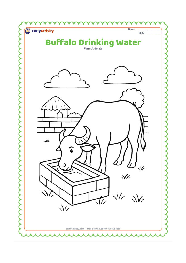 Colouring page: Draw a side-view buffalo bending its head to drink from a rectangular stone water trough. Place the trough in an Indian farmyard with a low wall, grass and a distant hut.