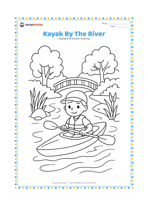 Colouring page: A paddler guides a kayak along a quiet river bordered by rocks, reeds and leafy trees. Show a wooden footbridge in the distance and gentle ripples around the boat.