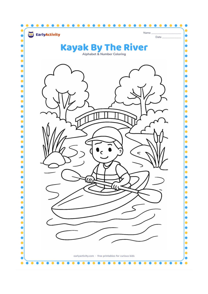 Colouring page: A paddler guides a kayak along a quiet river bordered by rocks, reeds and leafy trees. Show a wooden footbridge in the distance and gentle ripples around the boat.