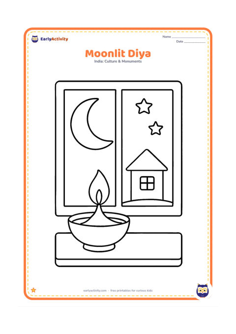 Colouring page: A single glowing diya sits on a windowsill, with a large crescent moon, two simple stars and the outline of a quiet house outside.