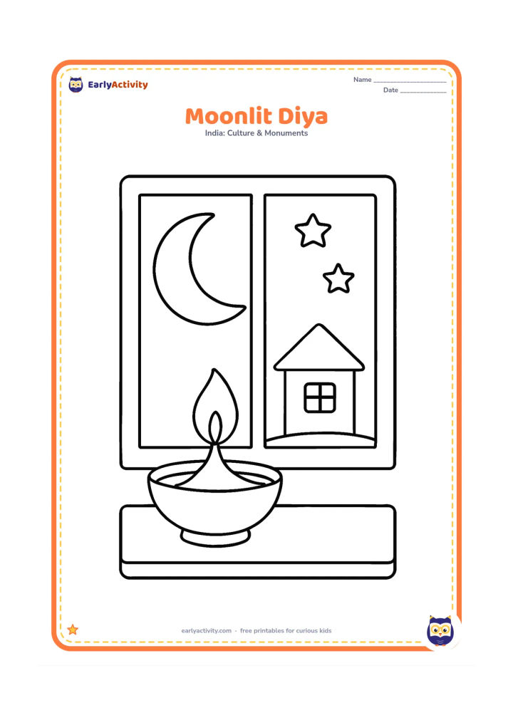 Colouring page: A single glowing diya sits on a windowsill, with a large crescent moon, two simple stars and the outline of a quiet house outside.