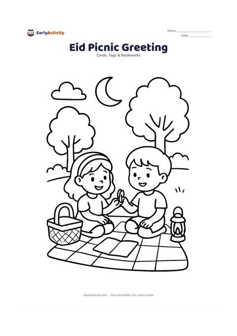 Worksheet: Two friends sit on a picnic mat in a park, sharing dates beside a basket and a small lantern. Add trees, a crescent moon, and an open card lying on the mat with its inside blank.