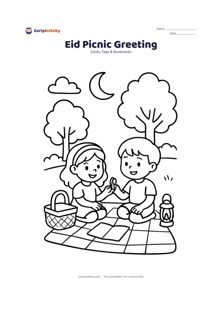Worksheet: Two friends sit on a picnic mat in a park, sharing dates beside a basket and a small lantern. Add trees, a crescent moon, and an open card lying on the mat with its inside blank.