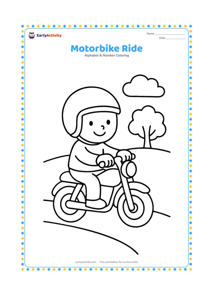 Colouring page: Draw a friendly child wearing a helmet riding a simple motorbike along a curved road, with one tree and a low cloud in the background. Show the rider safely seated.