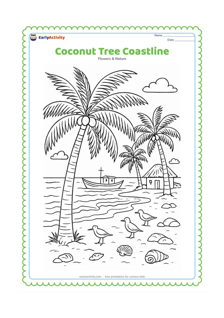 Colouring page: Draw a detailed coastal scene with several coconut palms, visible fronds and coconuts, a fishing boat, rocks, shells, shore birds, distant waves, and a small Indian coastal hut without…