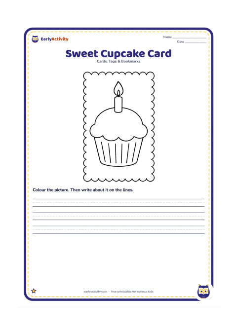 Worksheet: Draw a large cupcake with a single candle, rounded icing, and a simple scalloped border around the page. Leave the icing free of any markings.